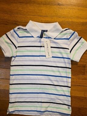 NWT Janie and Jack White Polo with Blue, Navy and Light Green Stripes Size 5